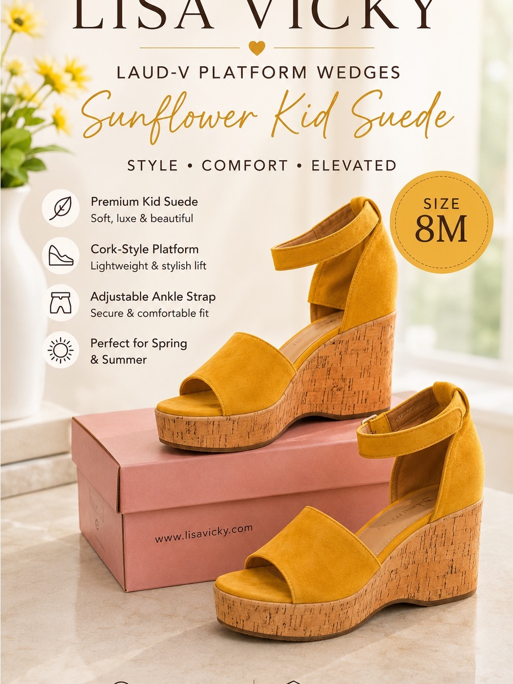 Lisa Vicky LAUD-V Sunflower Yellow Kid Suede Platform Wedge Sandals Size 8 NIB